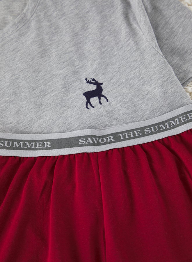 Trendyol Man Grey Melange- Claret Red Slim Fit Dowry Deer Embroidered Shorts Knitted Pajama Set - Image 3