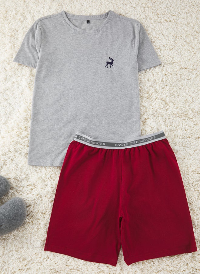 Trendyol Man Grey Melange- Claret Red Slim Fit Dowry Deer Embroidered Shorts Knitted Pajama Set - Image 2