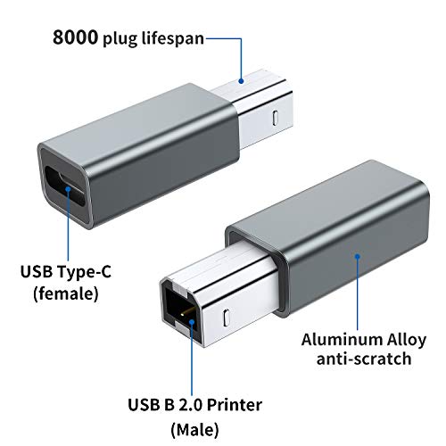 QianLink USB C Female to Printer Male Adapter (2-Pack), USB Type C to USB B Convert Connector Support Data Sync Compatible with Brother HP Canon Lexmark Epson Dell Xerox Samsung etc and Piano DAC (Grey) - Image 2