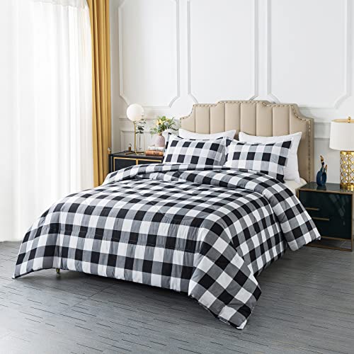 Caressma Buffalo Plaid Comforter Set King, Black White Grid Plaid Comforter Bedding Set for All Seasons, Classic Gingham Pattern Print Soft Microfiber 3 Pieces Comforter with Pillowcases - Image 2