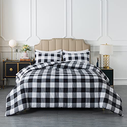 Caressma Buffalo Plaid Comforter Set King, Black White Grid Plaid Comforter Bedding Set for All Seasons, Classic Gingham Pattern Print Soft Microfiber 3 Pieces Comforter with Pillowcases - Image 1