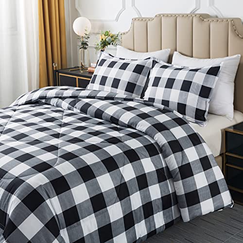 Caressma Buffalo Plaid Comforter Set King, Black White Grid Plaid Comforter Bedding Set for All Seasons, Classic Gingham Pattern Print Soft Microfiber 3 Pieces Comforter with Pillowcases - Image 4