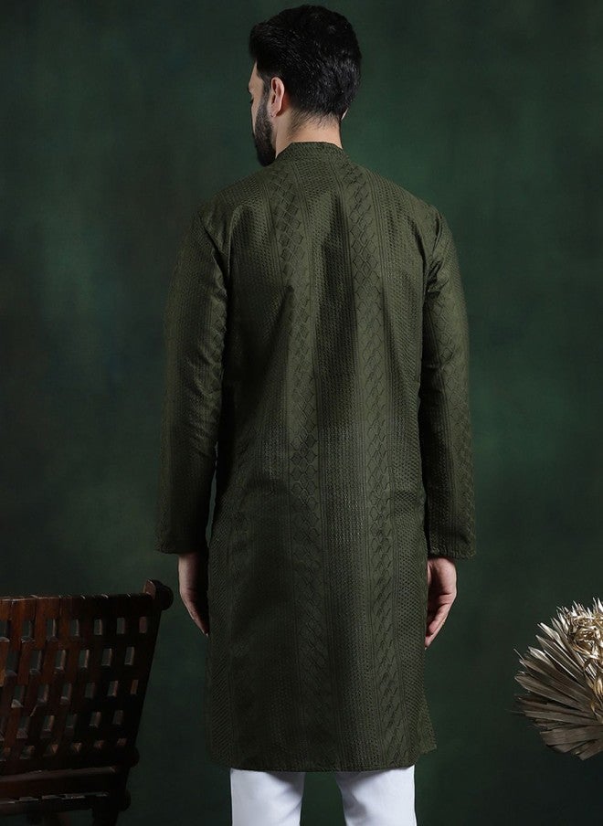 Sojanya Ethnic Motifs Embroidered Green Kurta for Men - Image 4