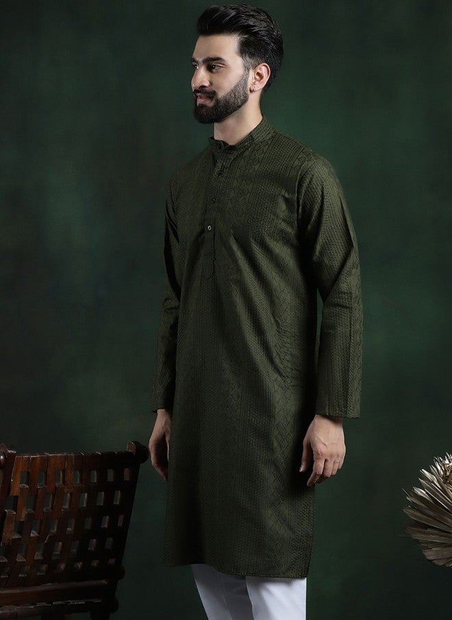 Sojanya Ethnic Motifs Embroidered Green Kurta for Men - Image 3