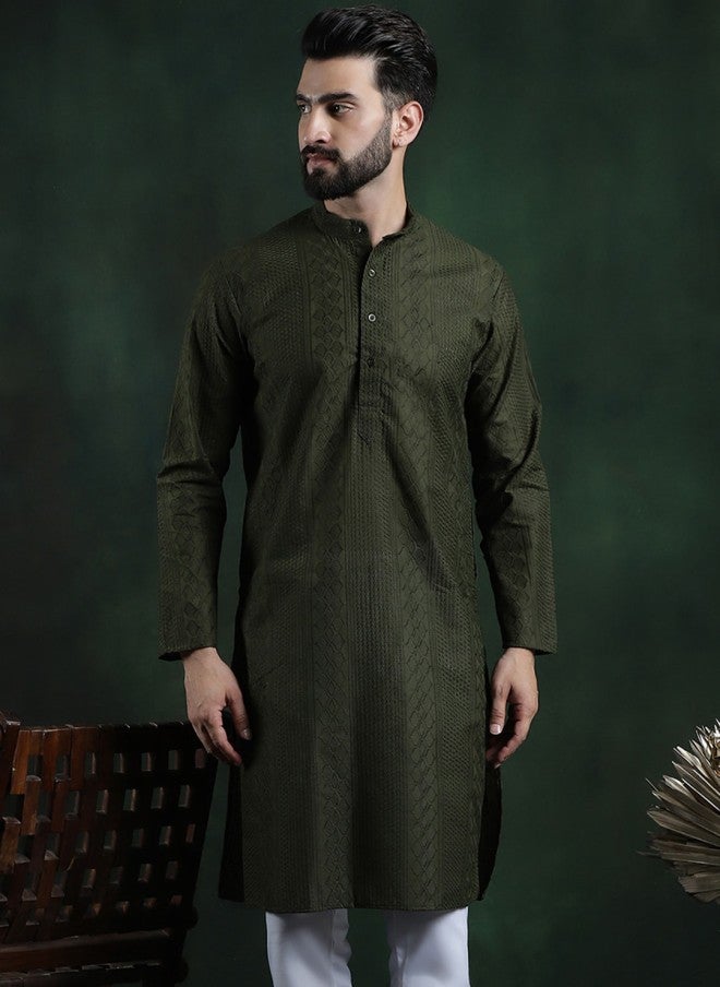 Sojanya Ethnic Motifs Embroidered Green Kurta for Men - Image 1