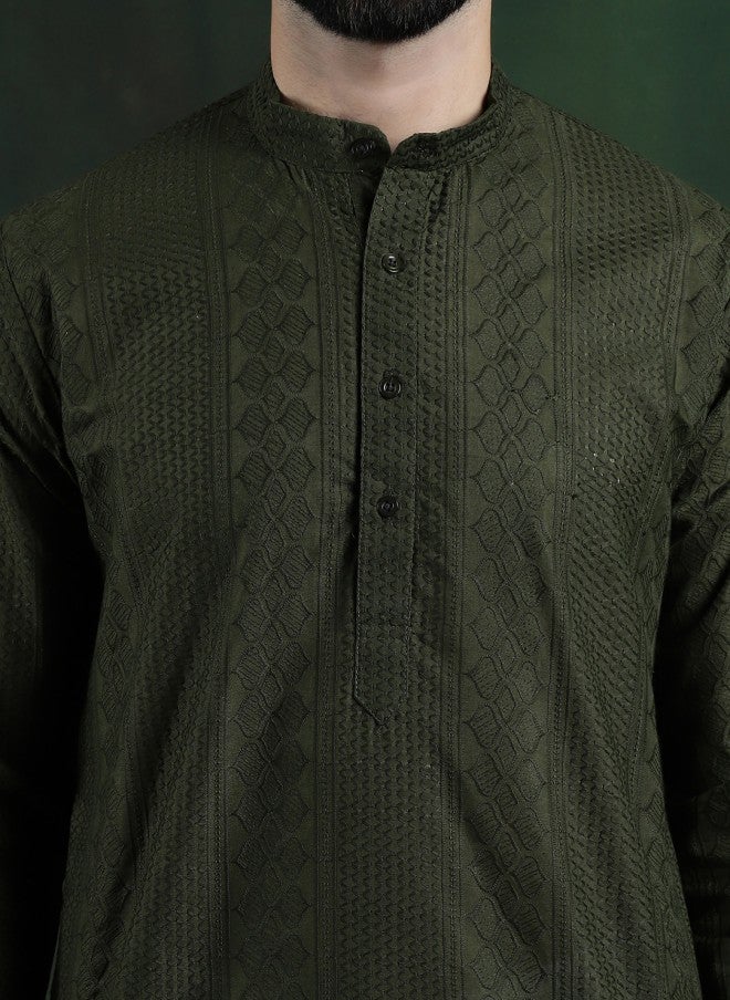 Sojanya Ethnic Motifs Embroidered Green Kurta for Men - Image 2
