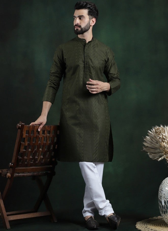 Sojanya Ethnic Motifs Embroidered Green Kurta for Men - Image 5