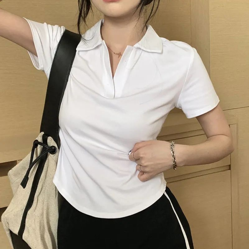 Design Sense Short Girl Top Summer White Irregular Polo Collar Short Sleeve Shoulder T-Shirt For Women - Image 3