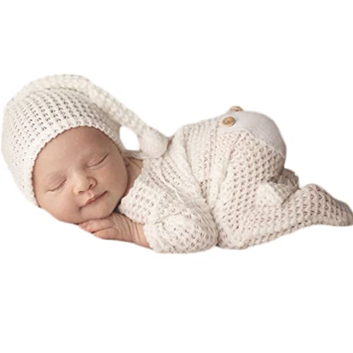 Vedory Fashion Newborn Boys Girls Baby Photo Shoot Props Outfits Crochet Clothes Long Tail Hat Pants Photography Props (milk white) - Image 1