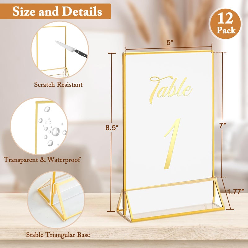 Floroom 12 Pack 5x7 Inch Clear Acrylic Sign Holders, Double-Sided Gold Display Stand Picture Frames for Table Numbers, Menus, Flyers, Weddings, and Offices - Image 2
