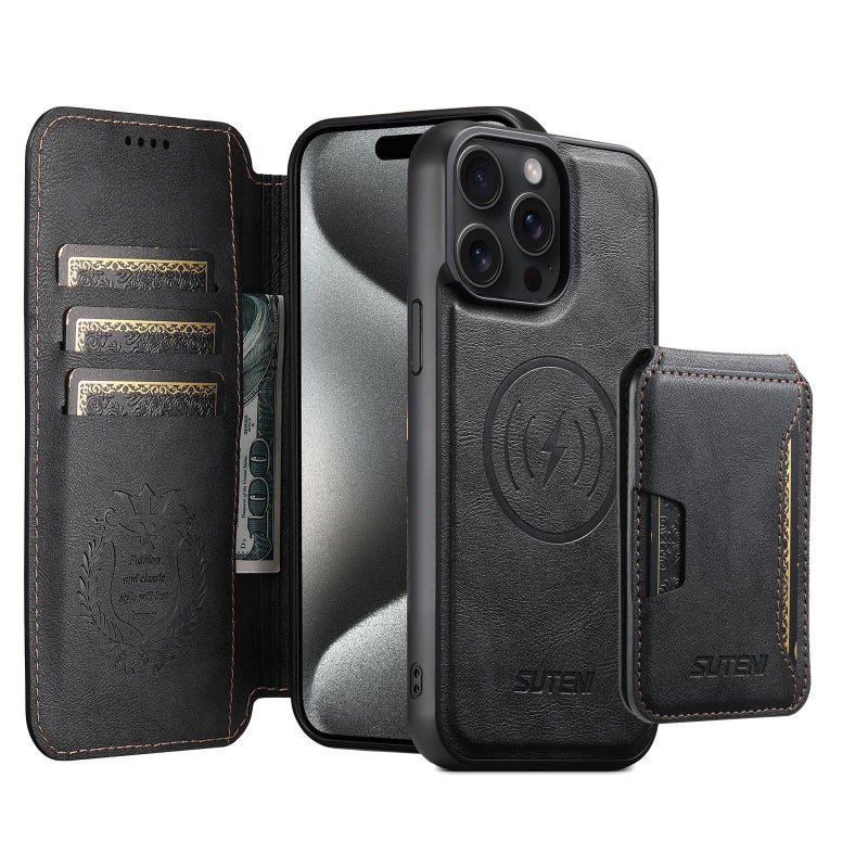 سوتين جراب هاتف جلدي 3 في 1 قابل للفصل مع محفظة عمودية قابلة للطي لهاتف iPhone 15 Pro Q05S3 (أسود) - Image 1