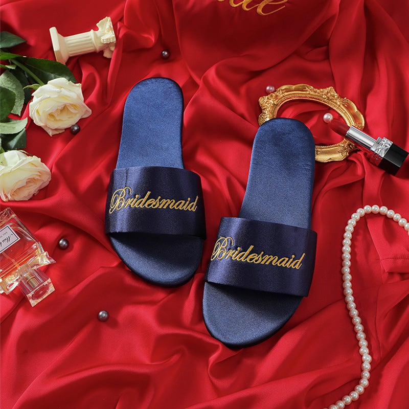 Embroidered New Wedding Bridesmaid Slippers Women'S Wedding Satin Red Slippers Wedding Bride Morning Gown Matching Shoes Women - Image 1