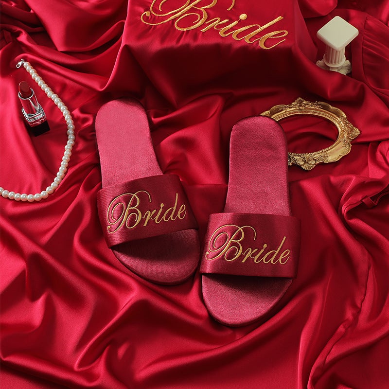 Embroidered New Wedding Bridesmaid Slippers Women'S Wedding Satin Red Slippers Wedding Bride Morning Gown Matching Shoes Women - Image 5