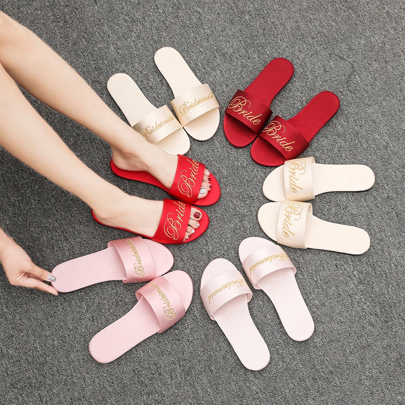 Embroidered New Wedding Bridesmaid Slippers Women'S Wedding Satin Red Slippers Wedding Bride Morning Gown Matching Shoes Women - Image 2