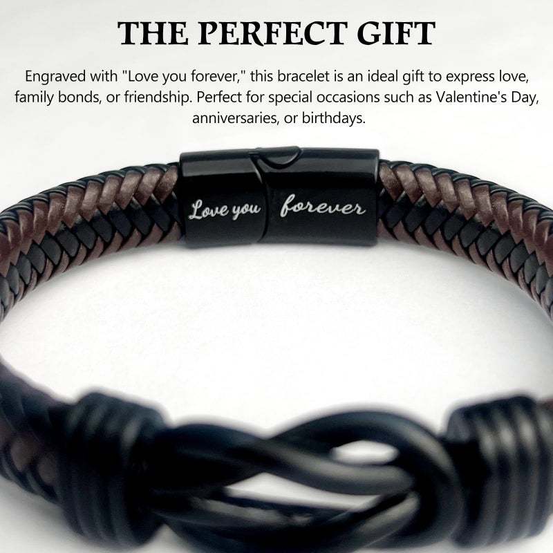 Tienyuu Knot Bracelet Gifts for Men â€“ Brown Braided Leather Stainless Steel Infinity Bracelet, "Love You Forever" Engraved, Perfect for Husband, Boyfriend, Son, Grandson, Brother, Always Linked Together - Image 3