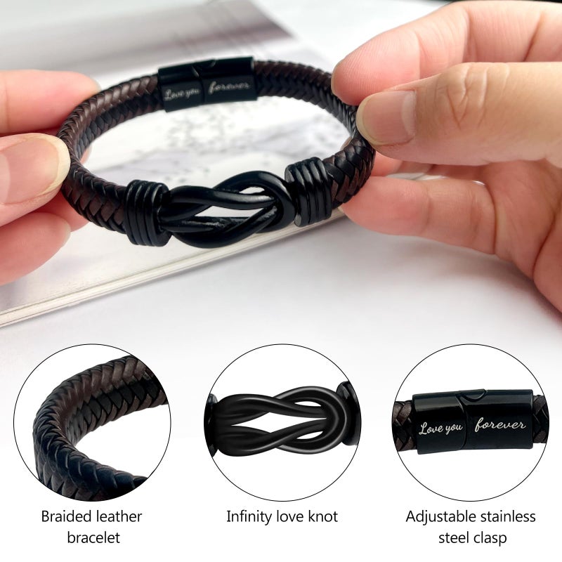 Tienyuu Knot Bracelet Gifts for Men â€“ Brown Braided Leather Stainless Steel Infinity Bracelet, "Love You Forever" Engraved, Perfect for Husband, Boyfriend, Son, Grandson, Brother, Always Linked Together - Image 4