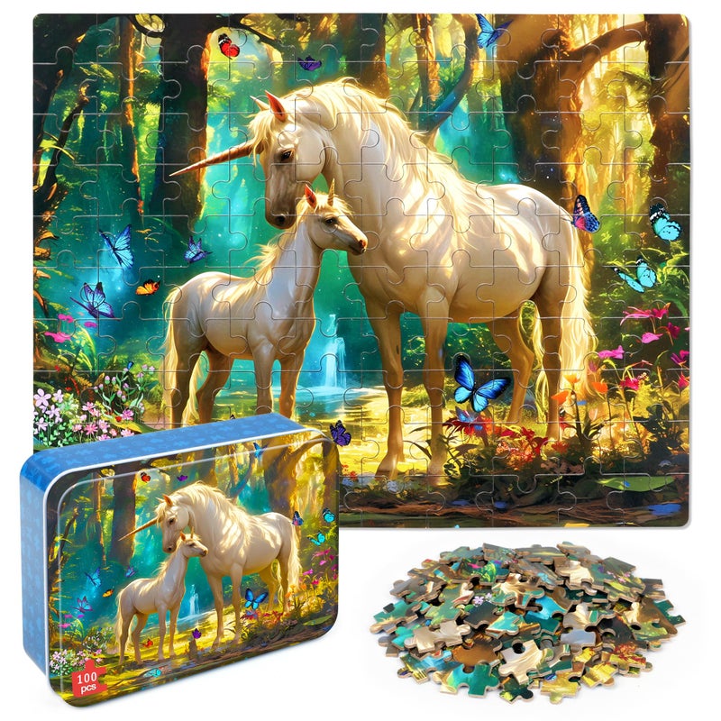 LELEMON Puzzles for Kids Ages 46Unicorn 100 Piece Puzzles for Kids Ages 48 in a Metal BoxEducational Jigsaw Puzzles 100 Piece Puzzle Games Puzzle Toys for Girls and Boys - Image 3