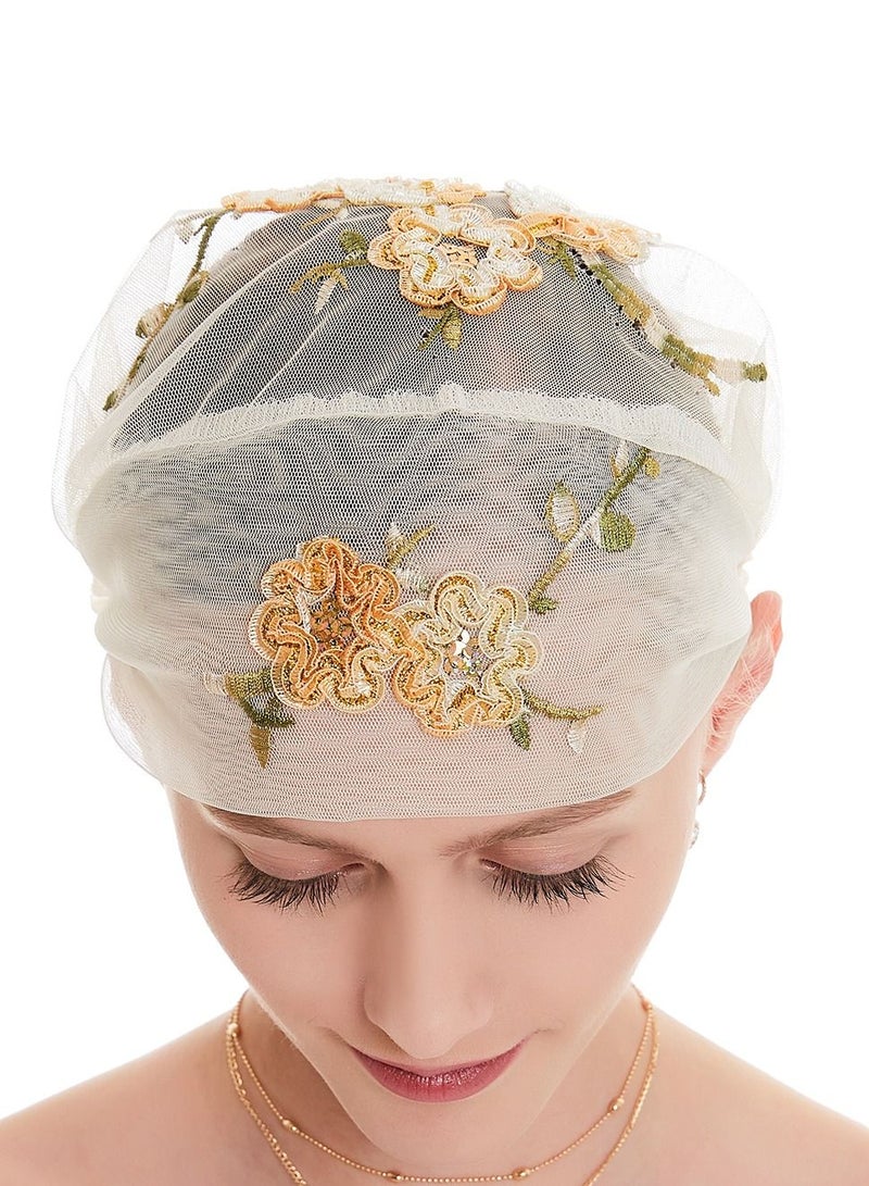 Loquat Muslim Women's Embroidery Mesh Hijab Inner Cap Light Beige - Image 1