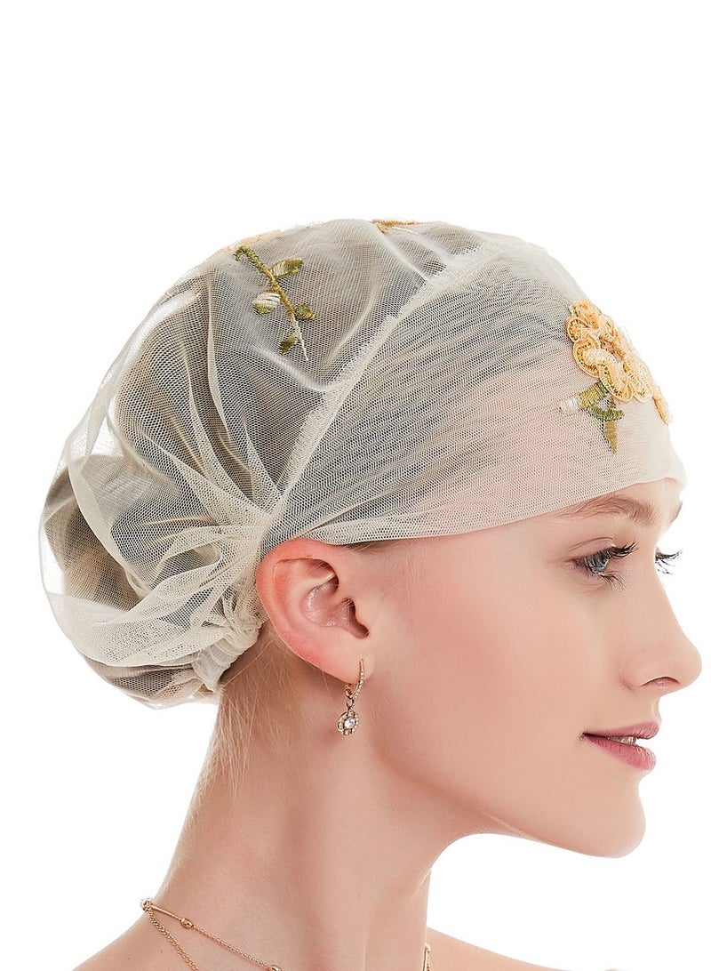 Loquat Muslim Women's Embroidery Mesh Hijab Inner Cap Light Beige - Image 2