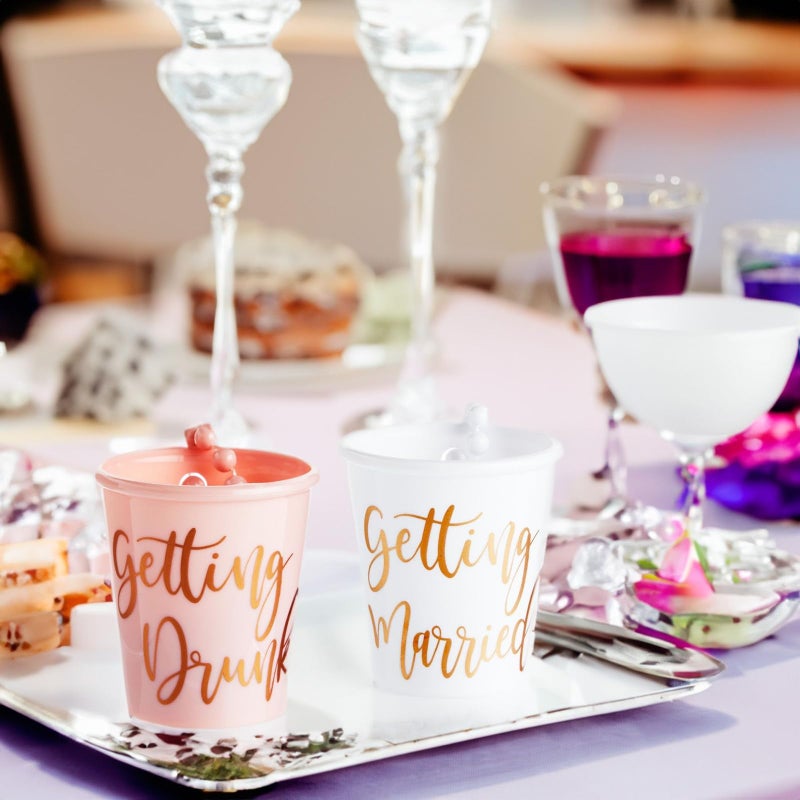 Sparkle and Bash Set of 12 Beaded Bachelorette Shot Glass Necklaces for Bridal Shower, White Bride Cup and Pink Bridesmaids Glasses, Gold Foil Design - Image 2