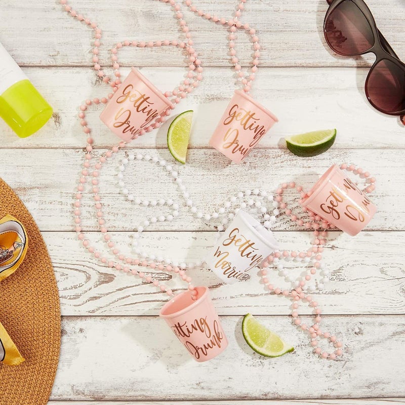 Sparkle and Bash Set of 12 Beaded Bachelorette Shot Glass Necklaces for Bridal Shower, White Bride Cup and Pink Bridesmaids Glasses, Gold Foil Design - Image 3