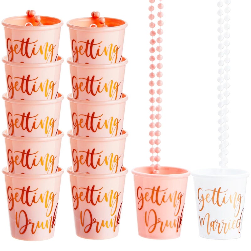 Sparkle and Bash Set of 12 Beaded Bachelorette Shot Glass Necklaces for Bridal Shower, White Bride Cup and Pink Bridesmaids Glasses, Gold Foil Design - Image 1