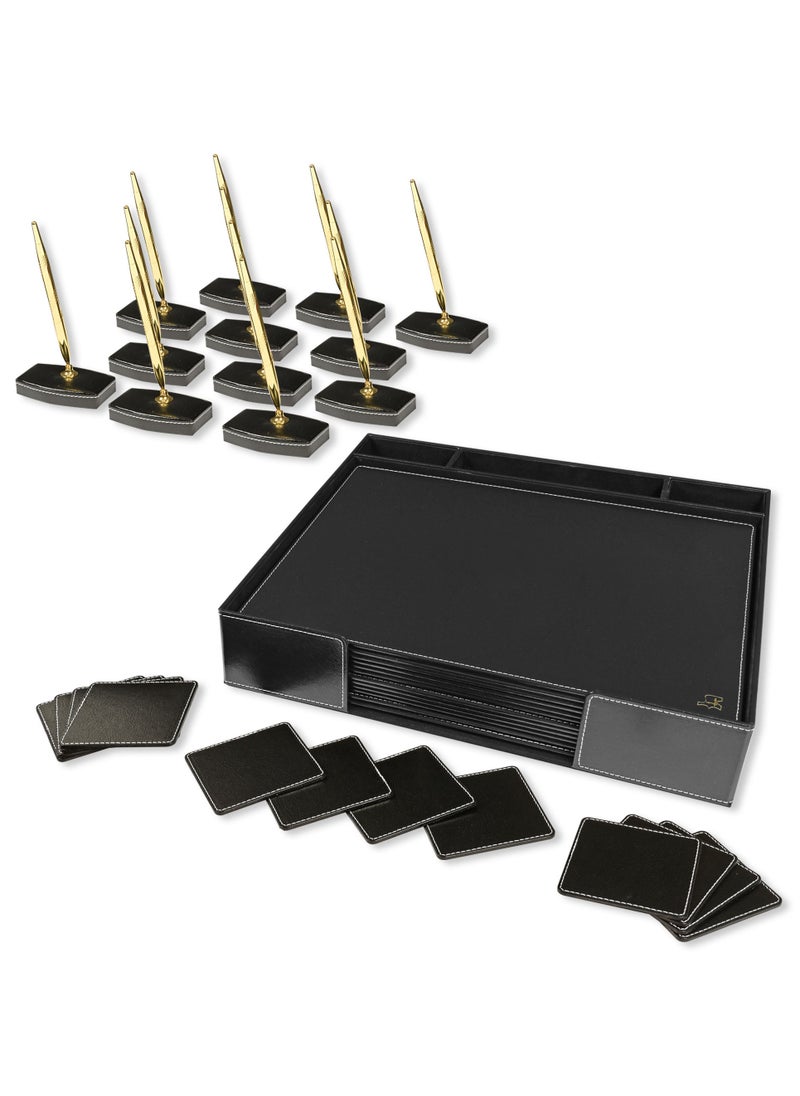 FIS - FIS Executive Conference Room Set of Bonded Leather Desk Blotter, Coaster and Pen Holder with Pen - Black - FSDSCONFRSETBK - Image 1