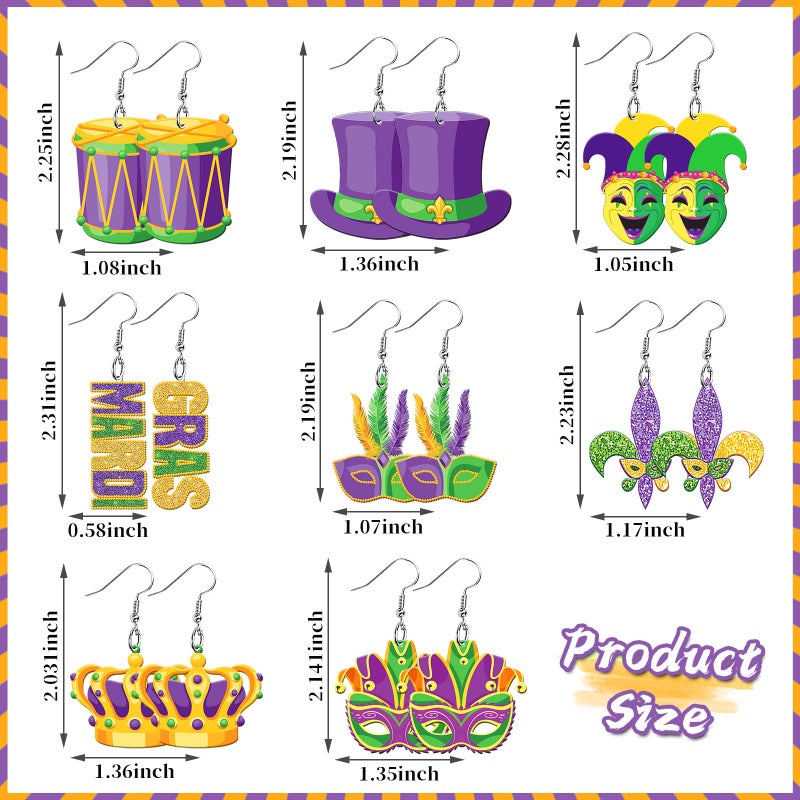 AUGSUN 8 Pairs Holiday Earrings for Women Mardi Gras Acrylic Earrings Double Side Design Crown Pendant Earrings Decorative Jewelry - Image 2