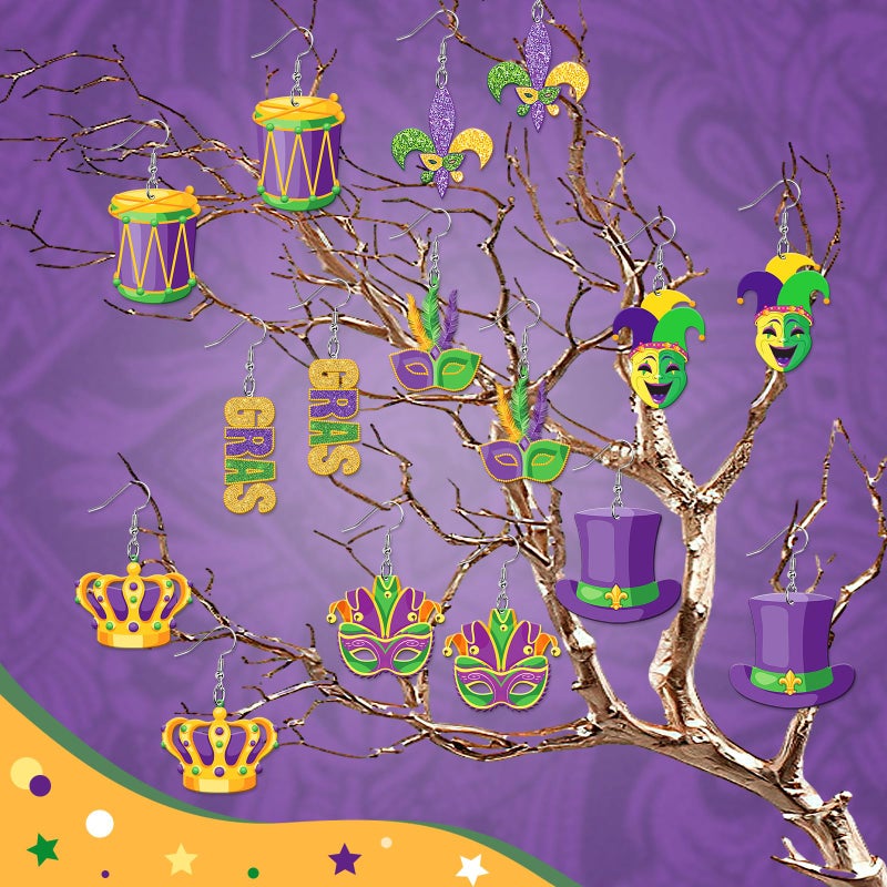 AUGSUN 8 Pairs Holiday Earrings for Women Mardi Gras Acrylic Earrings Double Side Design Crown Pendant Earrings Decorative Jewelry - Image 5