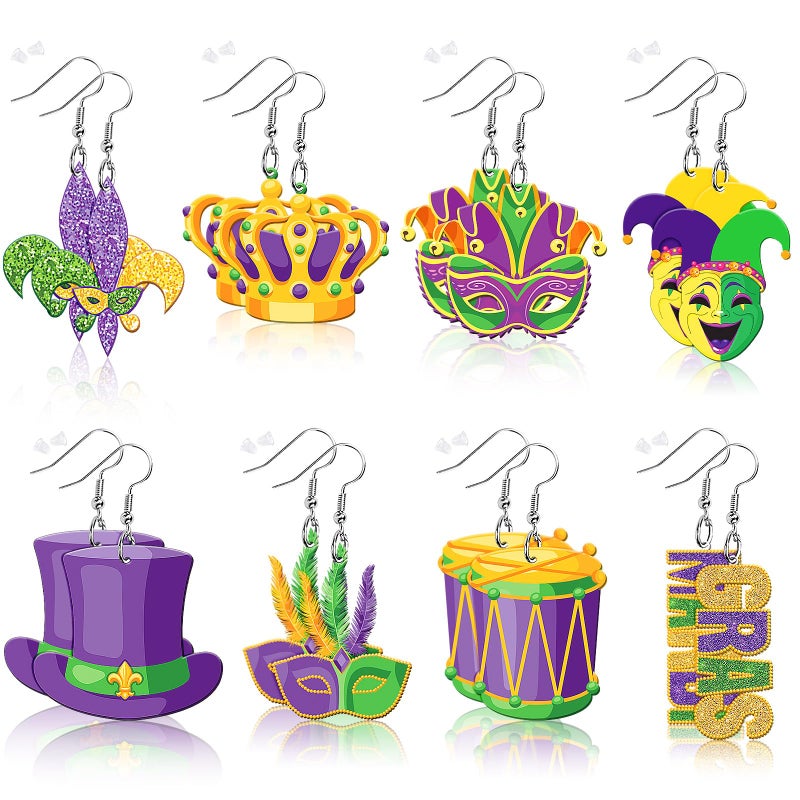 AUGSUN 8 Pairs Holiday Earrings for Women Mardi Gras Acrylic Earrings Double Side Design Crown Pendant Earrings Decorative Jewelry - Image 1