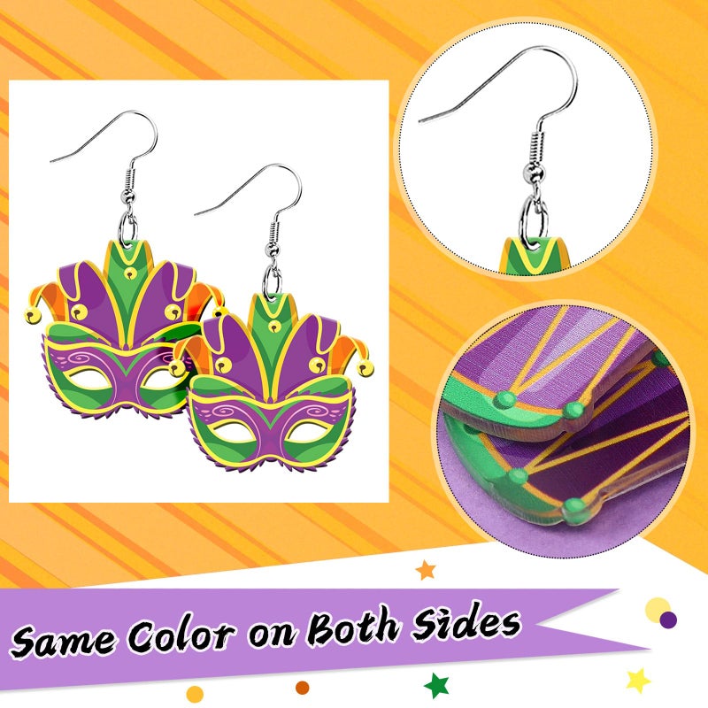 AUGSUN 8 Pairs Holiday Earrings for Women Mardi Gras Acrylic Earrings Double Side Design Crown Pendant Earrings Decorative Jewelry - Image 3