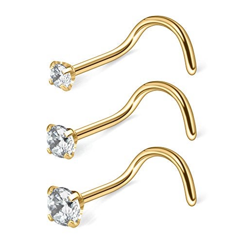 Ruifan 3PCS 20G Gold Plated Surgical Steel With Clear 2mm/2.5mm/3mm Diamond Cubic Zirconia Crystal Nose Twist Screw Ring Piercing Jewelry - Image 1