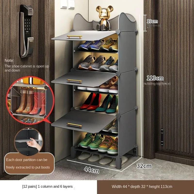 Owme Stylish Multi-Layer Shoe Rack with Dustproof Doors and Side Hooks | 6 Door-12 Shelf Space-Saving Shoe Organizer Cabinet for Home & Office | Modular Shoe Rack (Grey, 6 Shelf) - Image 2