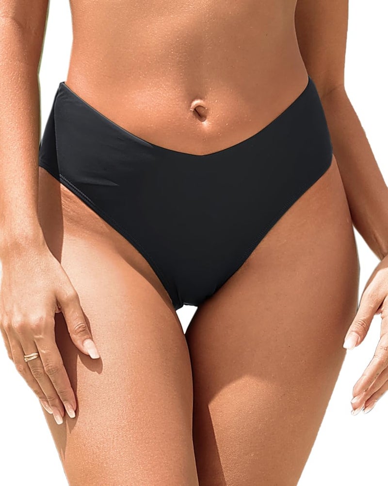 Zmart Women V Cut Cheeky Bikini Bottoms - Mid Waist High Cut Swim Bathing Suit Bottoms V Front Swimsuit Black M - Image 1