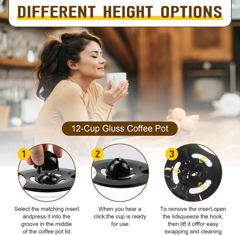 CHAR YONG إبريق زجاجي بديل لآلة القهوة سعة 12 كوب لعلامة Mr. Coffee - مع رؤوس بثلاث ارتفاعات مختلفة، ملحق إبريق قهوة عالمي سهل الصب ومقبض مريح، باللون الأسود. - Image 2