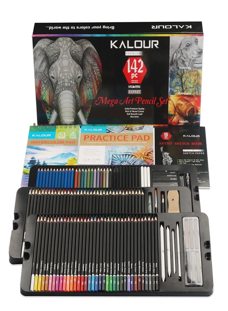 KALOUR New 142-piece paper box drawing pencil set, colored pencils, sketching tools, full set of tools - Image 1