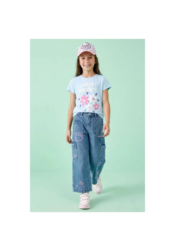 R&b Hello Kitty Embroidered Cargo Jeans with Button Closure