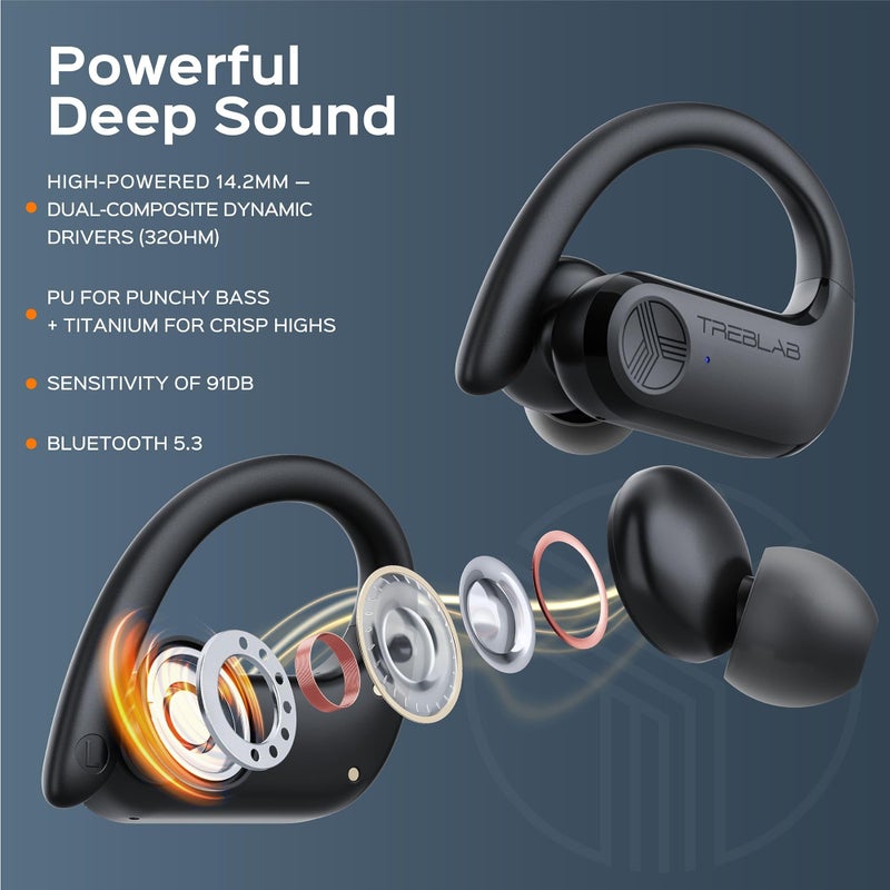 TREBLAB X3 Pro - Workout True Wireless Earbuds, Comfortable Earhooks, Bluetooth 5.3, Punchy Bass, Noise Isolation, 145H Playtime, IPX5 Waterproof, Sweatproof, 2 Mics for Calls, Sport Bluetooth Earbuds - Image 3