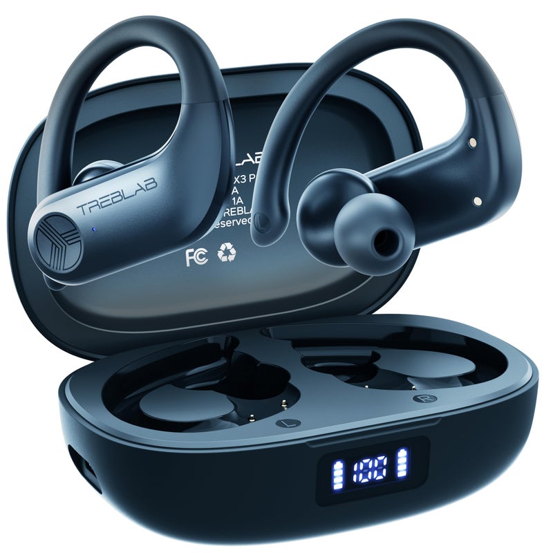 TREBLAB X3 Pro - Workout True Wireless Earbuds, Comfortable Earhooks, Bluetooth 5.3, Punchy Bass, Noise Isolation, 145H Playtime, IPX5 Waterproof, Sweatproof, 2 Mics for Calls, Sport Bluetooth Earbuds - Image 1