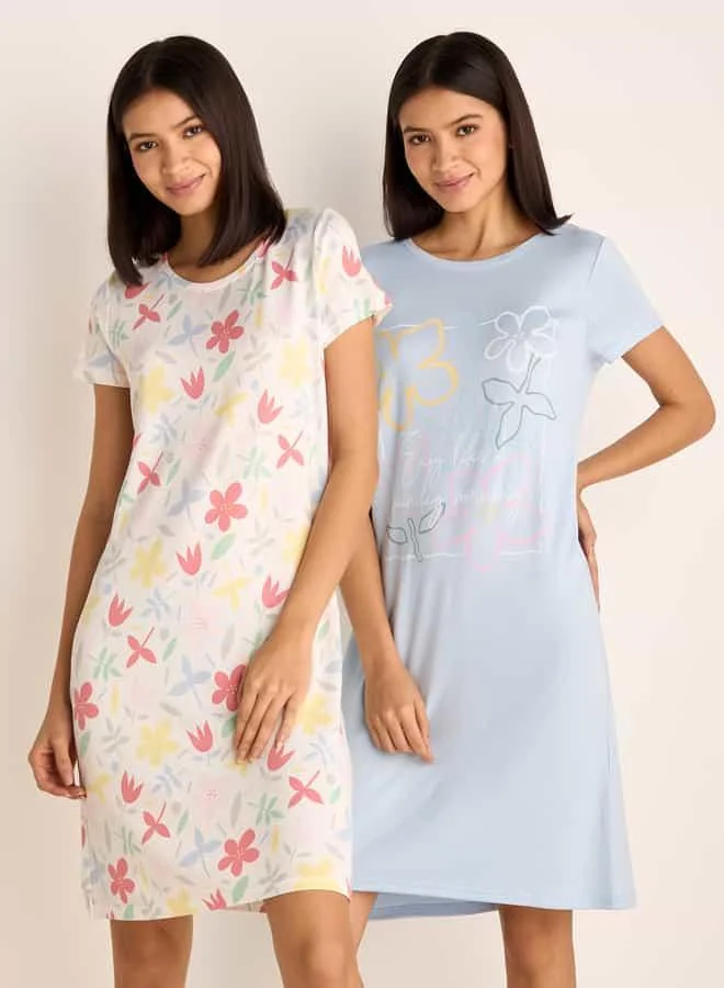 Splash FAV Set of 2 - Floral Print Sleepshirt with Round Neck and Short Sleeves