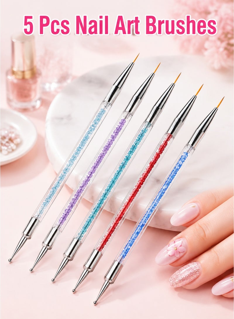 Al Kanzi 5 Pcs Double Head Nail Art Brushes, Fine Liner & Dotting Tool Set for DIY Manicure, Nylon Bristle Nail Drawing Pen Kit for Home and Salon Use - Image 1