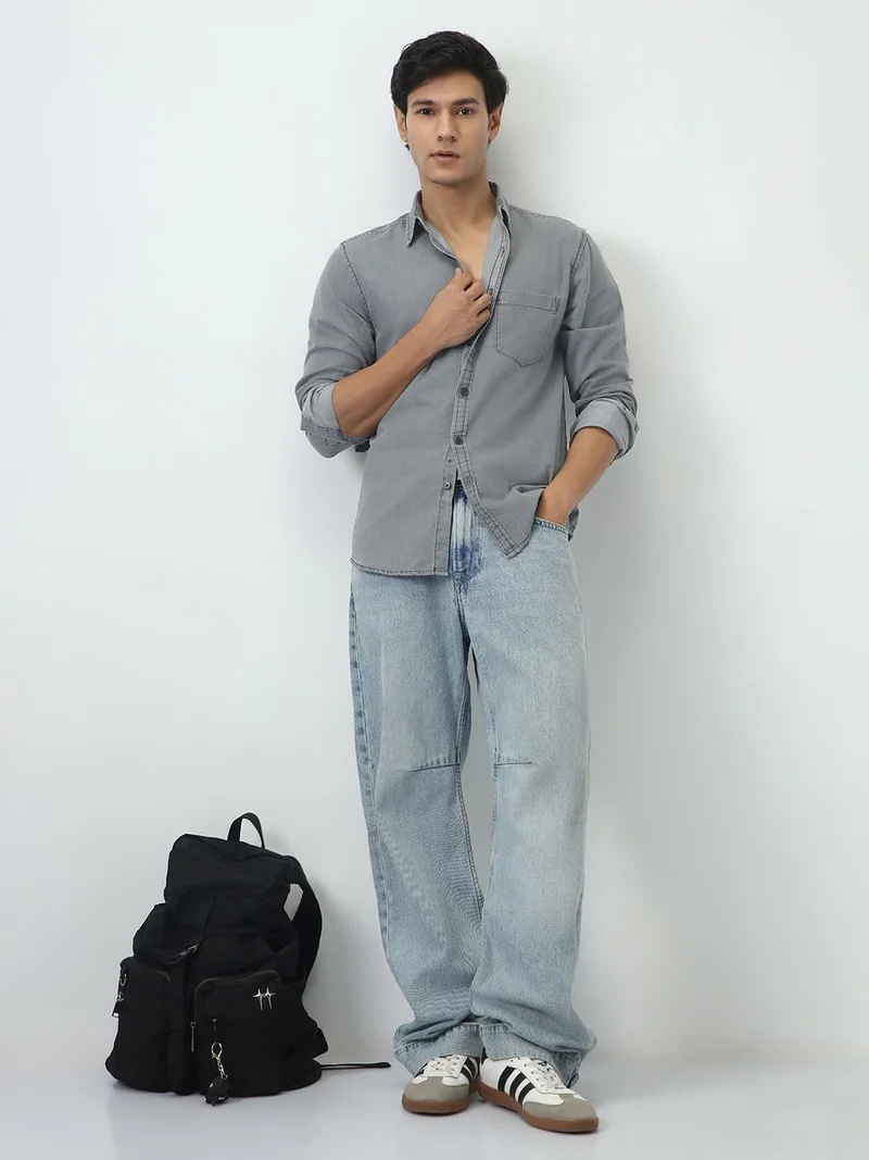 Urbano Fashion  Urbano Fashion Men's Ice Grey Regular Fit Full Sleeve Solid Denim Shirt  | Best Price UAE