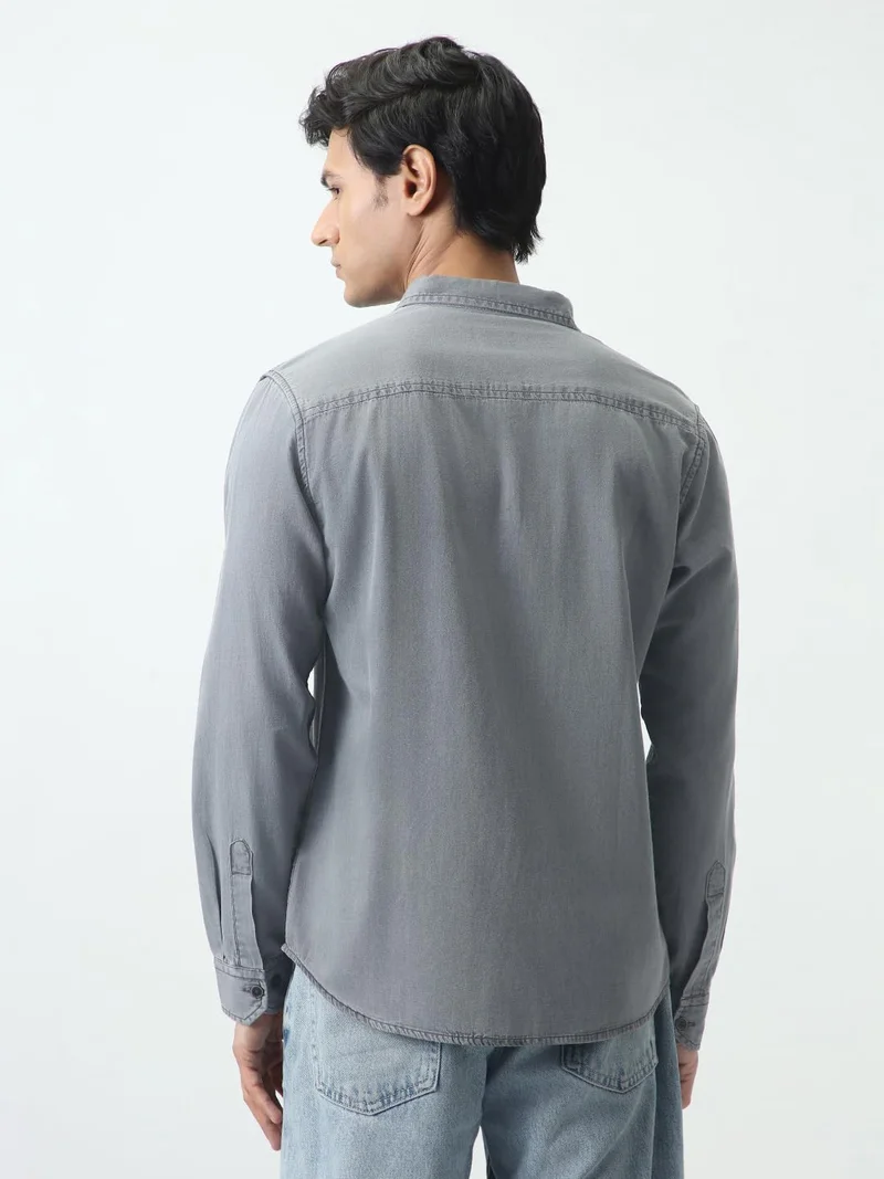 Urbano Fashion  Urbano Fashion Men's Ice Grey Regular Fit Full Sleeve Solid Denim Shirt  | Best Price UAE