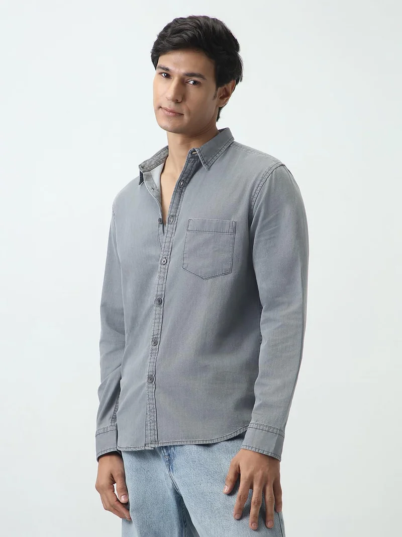 Urbano Fashion Men's Ice Grey Regular Fit Full Sleeve Solid Denim Shirt