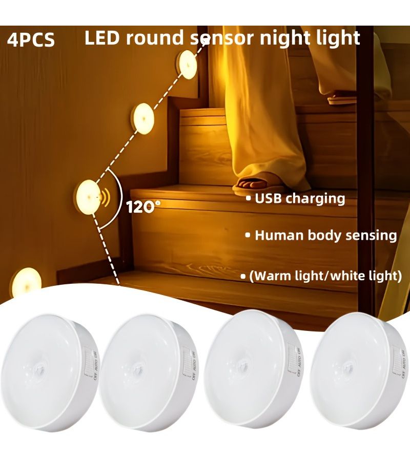 4 عبوات ضوء ليلي LED دافئ ذكي مع حساس حركةقابل للشحن عبر USB، مغناطيسي، عمر بطارية طويل، مناسب للخزائن والسلالم والداخلية. - Image 3