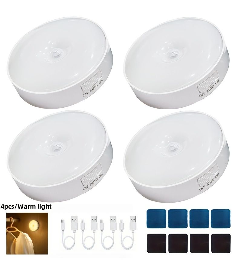 4 عبوات ضوء ليلي LED دافئ ذكي مع حساس حركةقابل للشحن عبر USB، مغناطيسي، عمر بطارية طويل، مناسب للخزائن والسلالم والداخلية. - Image 1