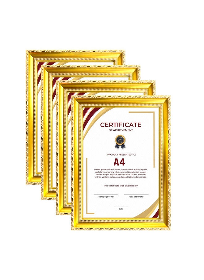 Decorhills Classic Design A4 Document Certificate Frame –  Real Glass, Wall Mount Tabletop Display, Gold, 25x34cm Frame Size, 4Pcs 