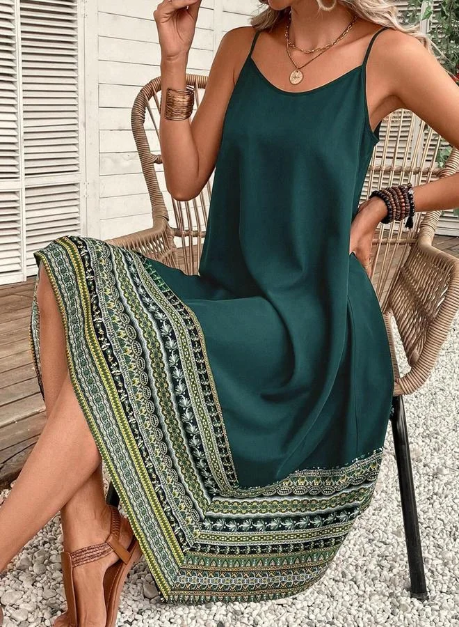 تايك تو فستان بحمالات وطول الركبة وحافة مطبوعة