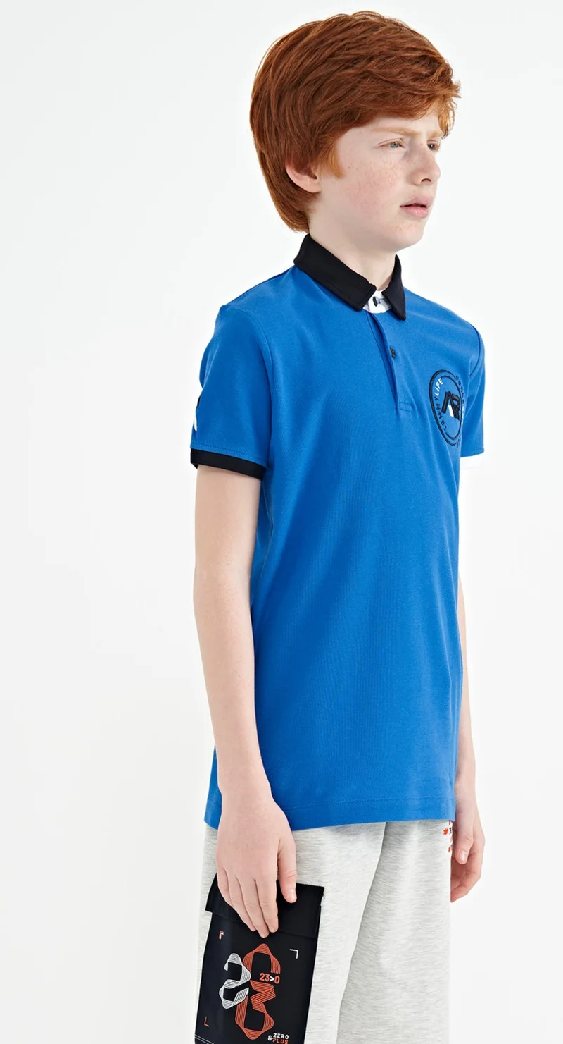 تومي لايف Saxe Colored Logo Embroidered Standard Size Polo Collar Boy's T-Shirt - 11138