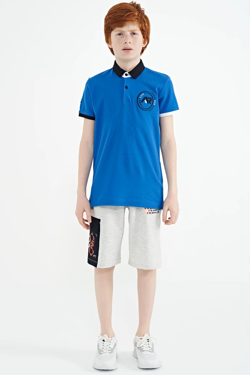 تومي لايف Saxe Colored Logo Embroidered Standard Size Polo Collar Boy's T-Shirt - 11138